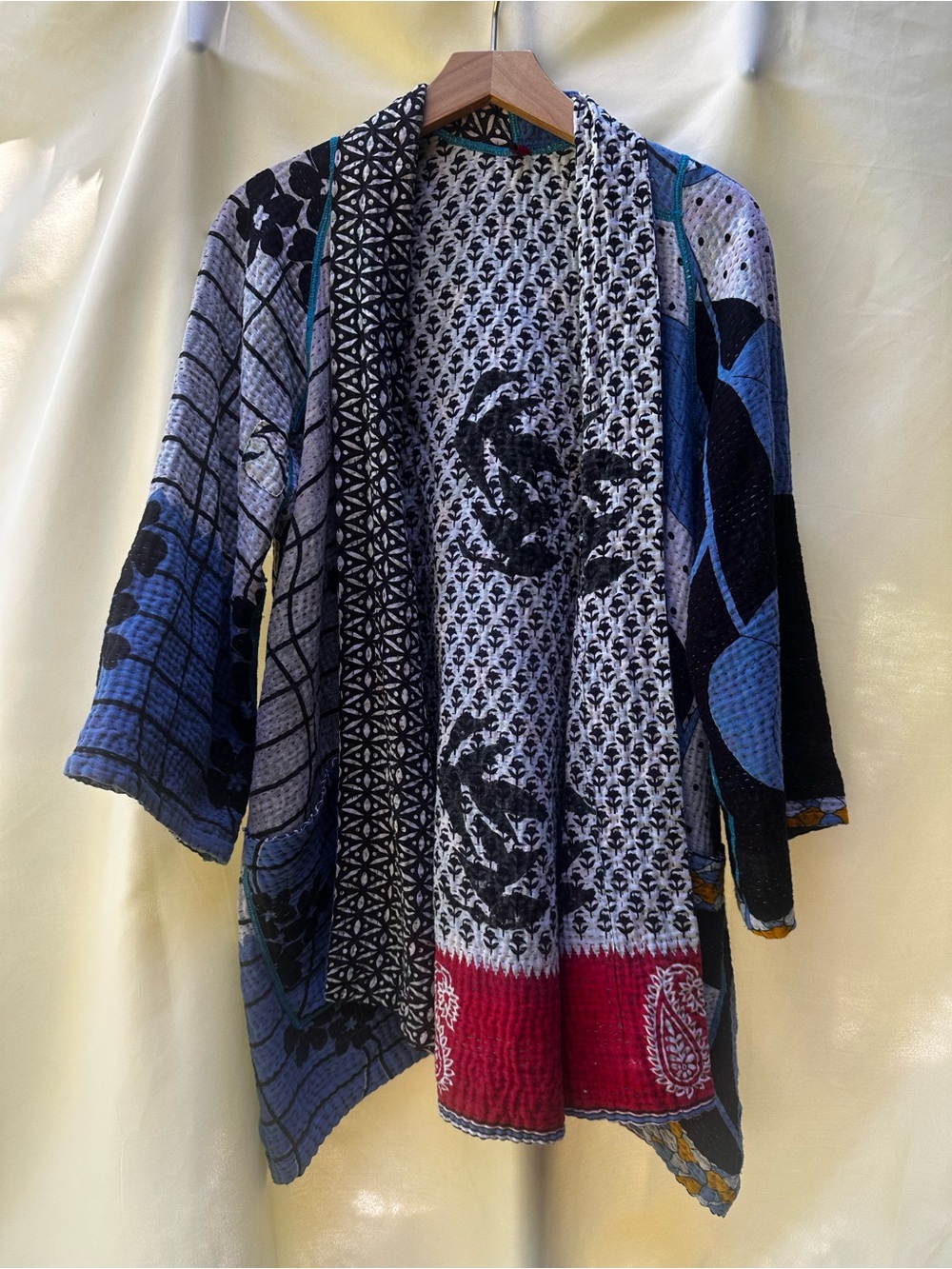 Mieko Mintz Boho Patchwork Open Front Kantha jacket in Blue, Black & Red S